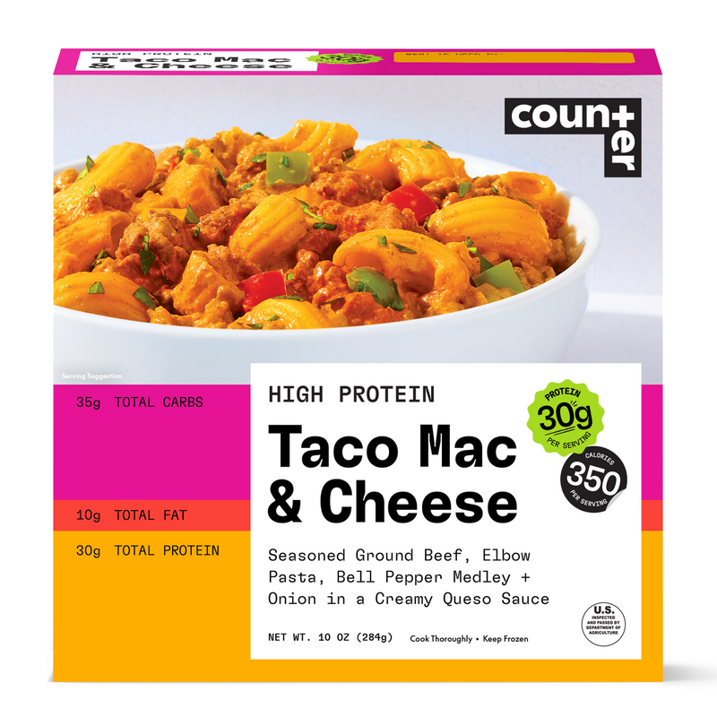 Counter Taco Mac & Cheese high-protein frozen meal box